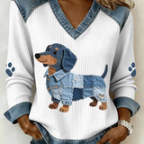 Pulover de damă cu decolteu cu manșete cu aplicație patchwork uni casual modern