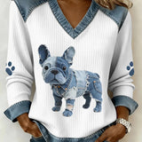 Pulover de damă cu decolteu cu manșete cu aplicație patchwork uni casual modern