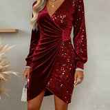 Rochie de damă de iarnă din catifea mini cu decolteu cu paiete