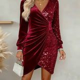 Rochie de damă de iarnă din catifea mini cu decolteu cu paiete