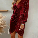 Rochie de damă de iarnă din catifea mini cu decolteu cu paiete