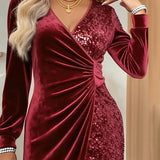 Rochie de damă de iarnă din catifea mini cu decolteu cu paiete