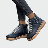 Botine de damă din piele ecologică cu fermoar cu talpă cu șireturi moale modern elegante