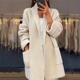 Cardigan de damă bej tricotat lejer cu buzunare cu guler casual elegant moale