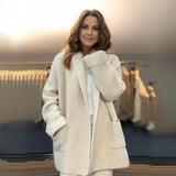 Cardigan de damă bej tricotat lejer cu buzunare cu guler casual elegant moale