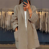 Cardigan de damă bej tricotat lejer cu buzunare cu guler casual elegant moale