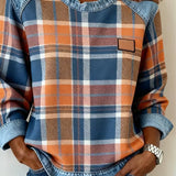 Hanorac de damă din denim cu guler cu aplicație patchwork cu model în carouri casual
