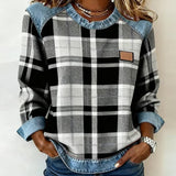 Hanorac de damă din denim cu guler cu aplicație patchwork cu model în carouri casual