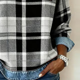 Hanorac de damă din denim cu guler cu aplicație patchwork cu model în carouri casual