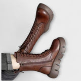 Botine de damă din piele ecologică cu fermoar cu talpă cu șireturi modern confortabile