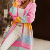 Cardigan de damă roz lejer mini relaxat cu buzunare cu dungi moale