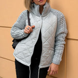 Jachetă de damă tricotat cu buzunare cu aplicație patchwork confortabilă călduroasă