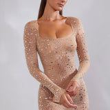 Rochie de damă mini cu decolteu cu mâneci lungi cu detalii strălucitoare în stil A-line