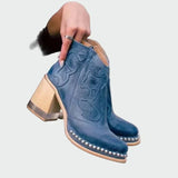 Botine de damă maro cu toc cu broderie uni modern