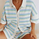 Set de damă tricotat lejer relaxat cu guler cu mâneci cu nasturi casual chic confortabil