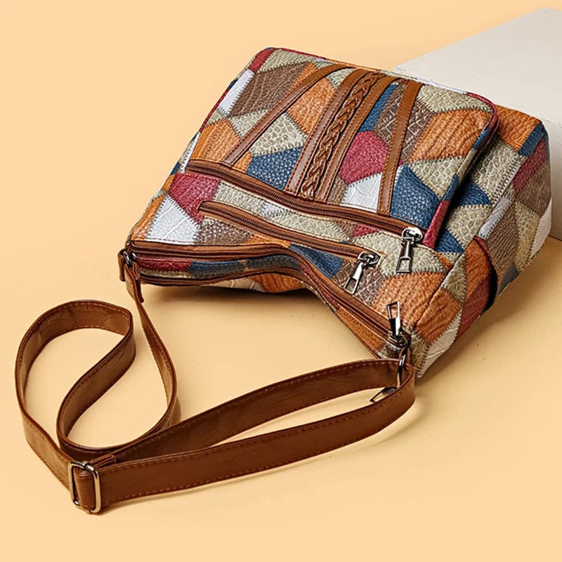Geantă de umăr multicoloră cu model geometric și curea lungă – vedere frontală completă